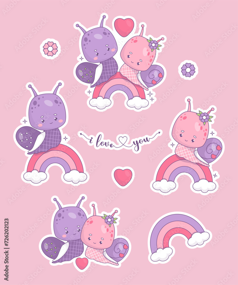 Sticker collection enamored romance couple snail. Cute kawaii valentines character insect girl and boy on rainbow with heart and lettering I love you. Isolated vector illustration .