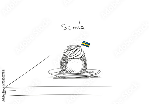 Semla with Swedish flag, hand drawn sketch of sweet pastries on a plate on the table, whipped cream filled cardamom bun with almond paste, vector illustration black ink doodle on white background