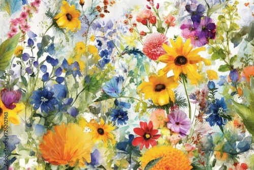 A happy, sunny watercolour background of various densely packed European summer blossoms