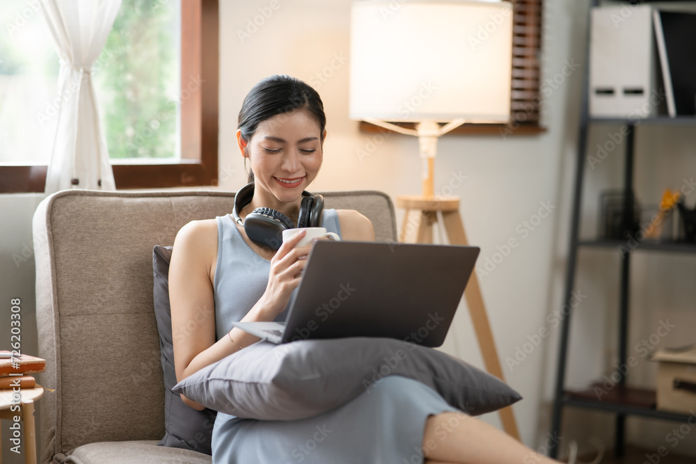 Asian woman doing activities, reading books, shopping online order through the internet at home or Asian woman doing activities, reading books, shopping online order through the internet at home or