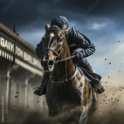 The jockey competes to win the race. Horse racing. A horse with a jockey runs to the finish line. © Viktoryia