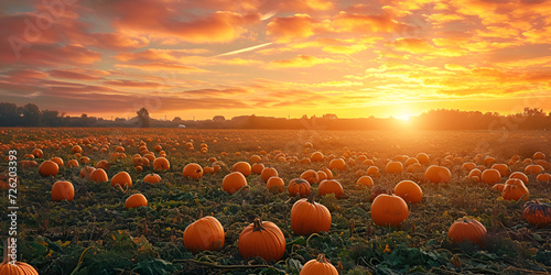 Group Of Pumpkins Glowing in the Warm Sunset Light Creates a Breathtaking Autumn Scene in a Pumpkin Patch Field
