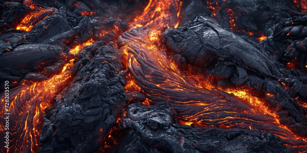 Close-up view of Earth's surface, where fiery lava rivers carve their way through the rugged terrain. Close-up view of Earth's surface, where fiery lava rivers carve their way through the rugged terrain.