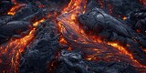 Close-up view of Earth's surface, where fiery lava rivers carve their way through the rugged terrain.