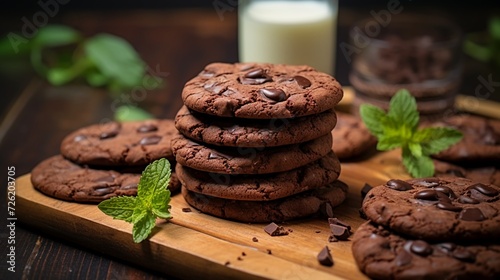 Chocolate chip cookies on wooden board with mint leaves and glass of milk on background. photo