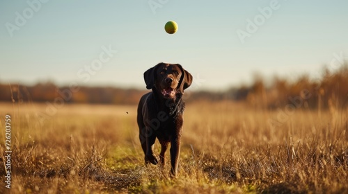 Distant image running dog stumble tennis ball photo