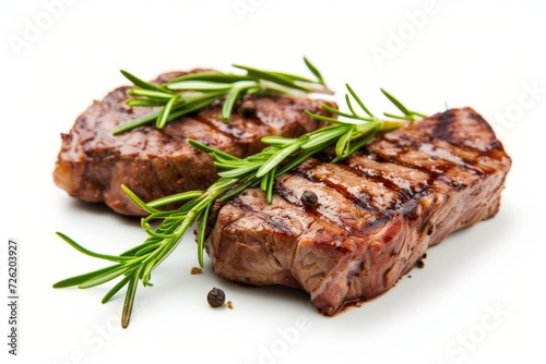 Grilled steaks with rosemary isolated on white background