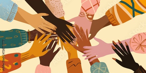 Racial equality shown by the hands of diverse multi-ethnic and multicultural people