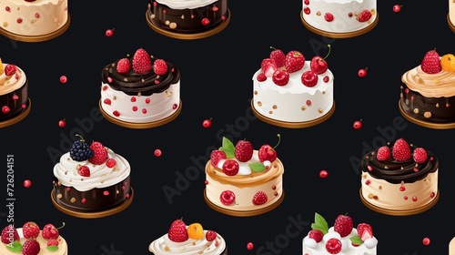 Seamless pattern with cakes and berries on black background. Vector illustration.