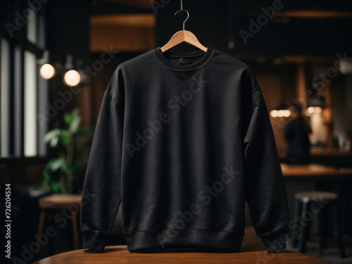 black full sleeve tshirt, sweatshirt mockup hanging in the studio. Generative AI photo