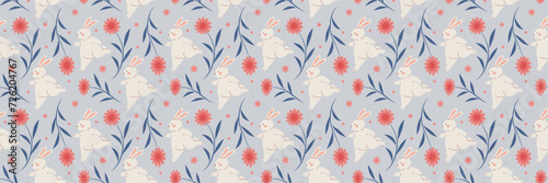 Runner white rabbit with red flowers seamless background. Bunny with plants repeating pattern