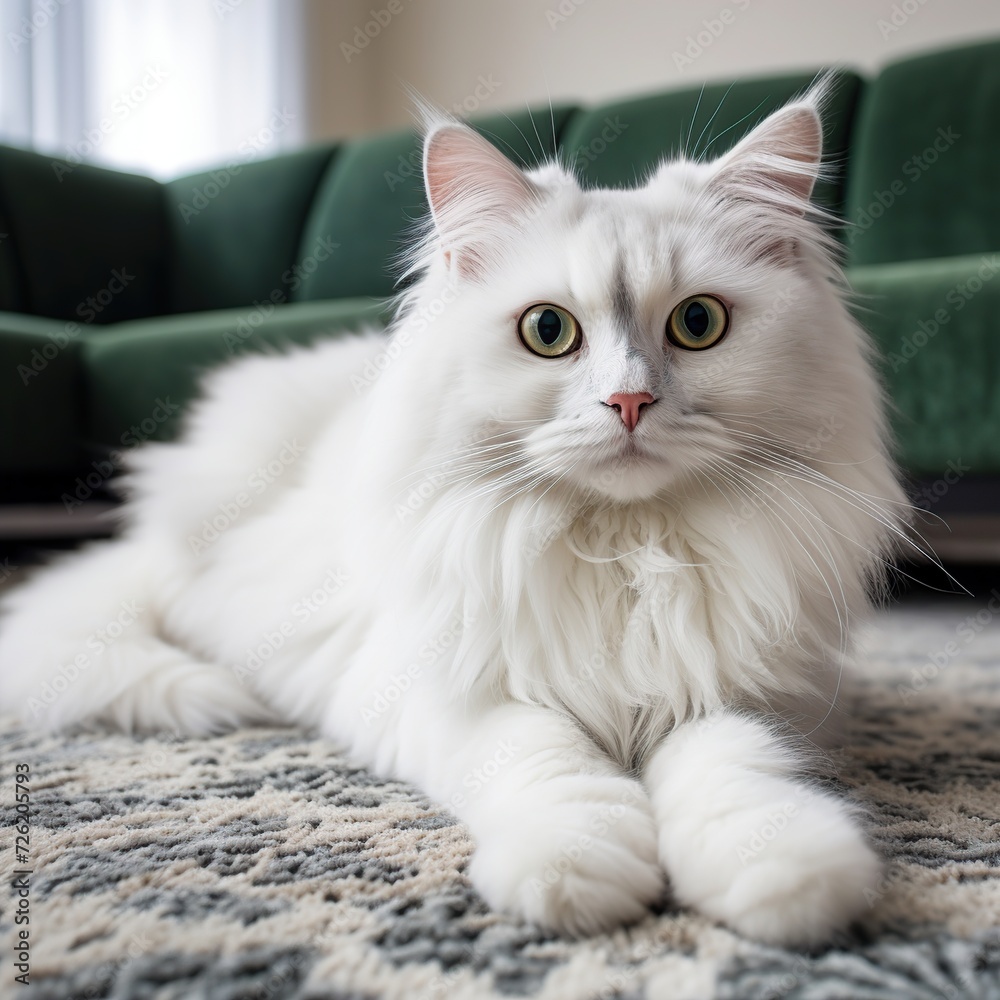 Beautiful white persian cat lying on the carpet at home. Beautiful white persian cat lying on the carpet at home.