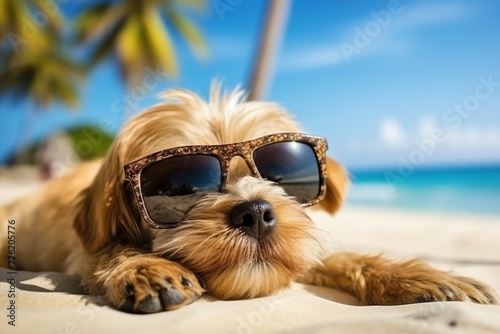 Cute dog with sunglasses on the beach. Summer vacation concept. © Obsidian