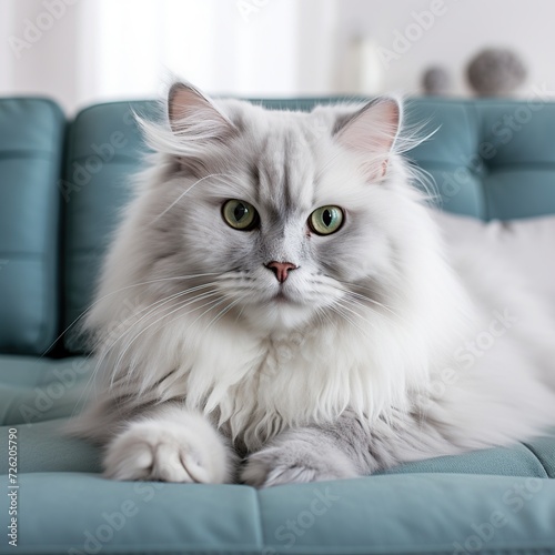 Beautiful cat on sofa in room, closeup. Fluffy pet