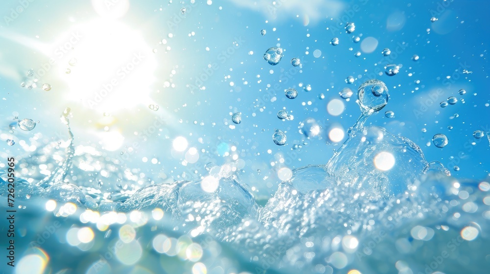 Summer's freshness captured in bubbles dancing on sunlit water against a blue sky. Ai Generated