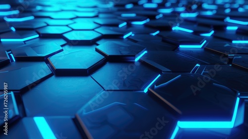 Futuristic hexagonal patterns glow with blue neon lights, creating an abstract backdrop. Ai Generated