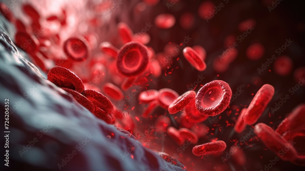 Fototapeta premium 3D rendering of red blood cells in a vein, with a depth of field effect, depicting biological intricacies, Ai Generated.