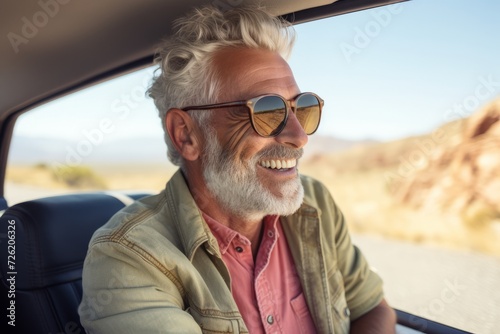 Portrait of happy senior man driving a car in the desert.