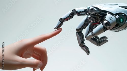 AI artificial intelligence. Robotic hands and human hand.. Innovation and futuristic concept