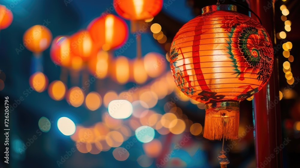 Fototapeta premium Vibrant Chinese New Year lanterns illuminate the festivities alongside a traditional dragon, Ai Generated.