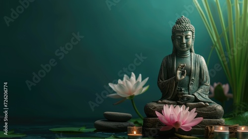 Buddha statue, lotus flowers, and candle on a green backdrop, Ai Generated.