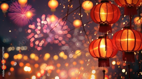 Vibrant Chinese New Year lanterns illuminate the festivities alongside a traditional dragon, Ai Generated.