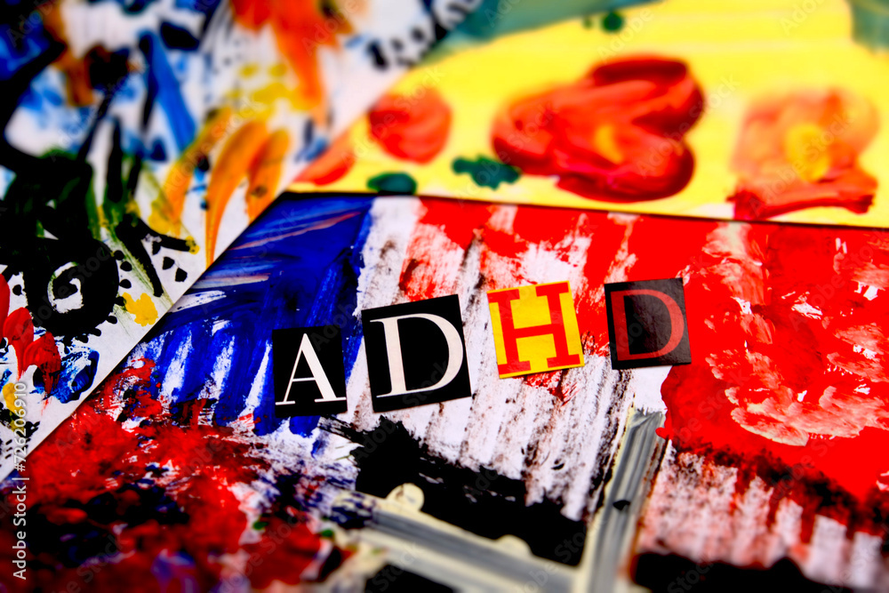 ADHD text. Abbreviation ADHD from paper letters . Colorful art background. ADHD is Attention deficit hyperactivity disorder - obrazy, fototapety, plakaty 