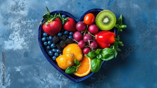 Heart-shaped plate adorned with fruits and vegetables on a blue background, Ai Generated.