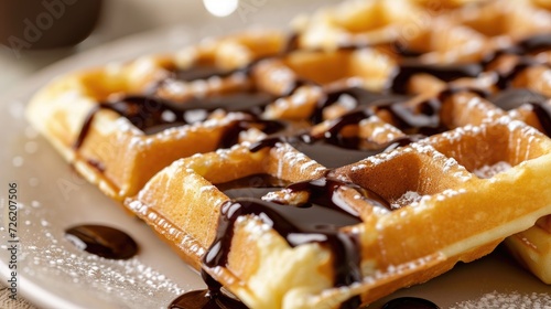 Tasty Belgian waffles, baked to perfection, adorned with luscious chocolate syrup, Ai Generated.