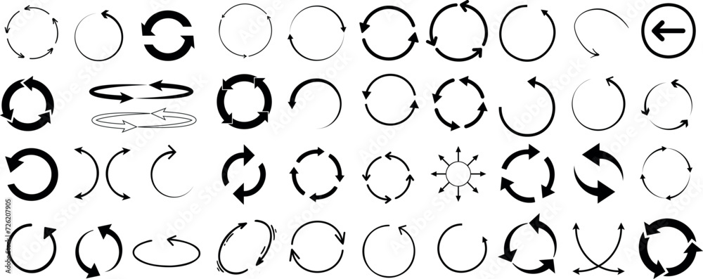 Circle arrows vector set, diverse designs for web navigation, refresh buttons. Indicating motion, editable for color customization. Perfect for digital content, rotation symbol icon