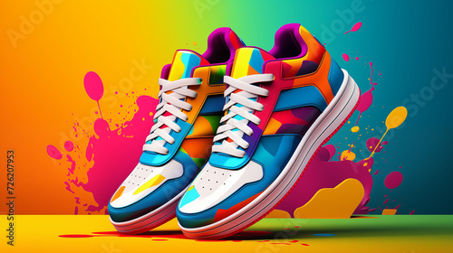 Vibrant Multicolored Sneakers on a Lively Background. Generative AI.