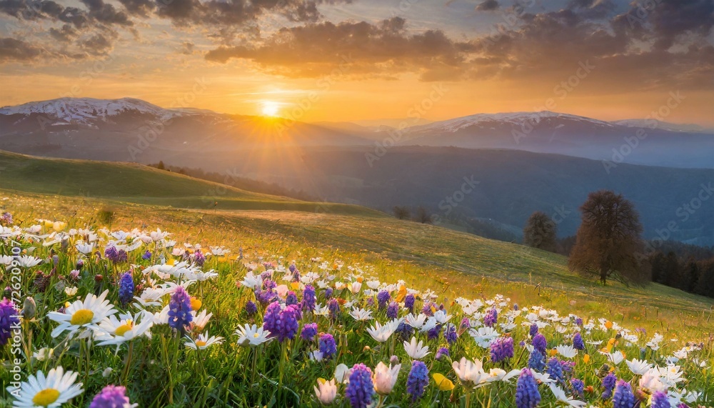 Flower field in the mountains with sunset