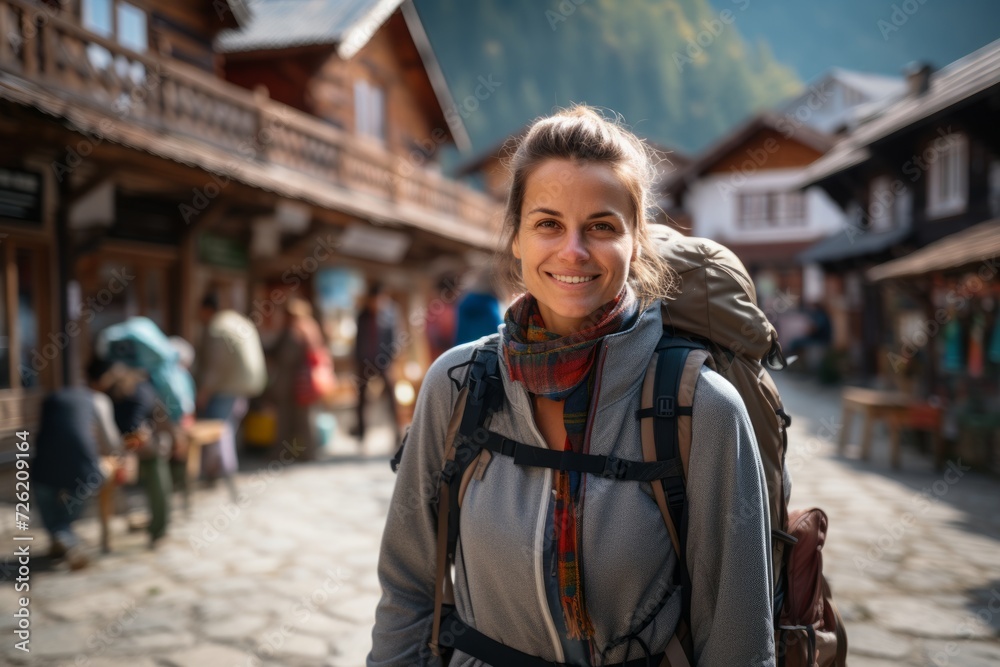Beautiful young woman with backpack in the old town of Hallstatt, Austria Beautiful young woman with backpack in the old town of Hallstatt, Austria