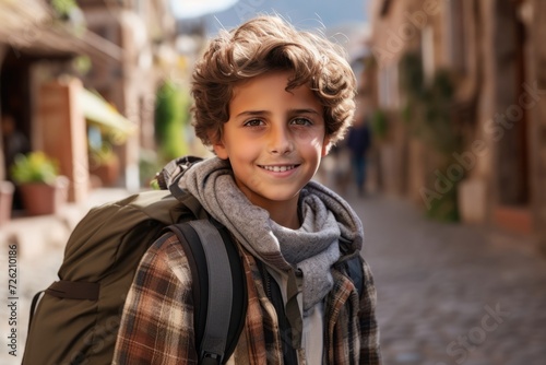 Portrait of a cute little boy with a backpack in the city.