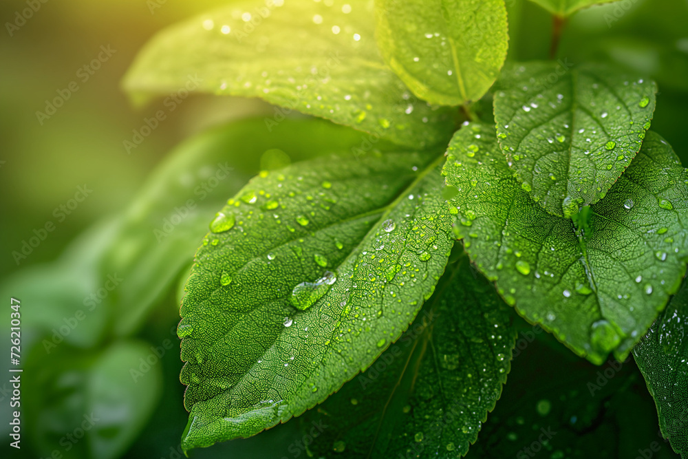 View of dew drops on fresh summer leaves early in the morning. View of dew drops on fresh summer leaves early in the morning.