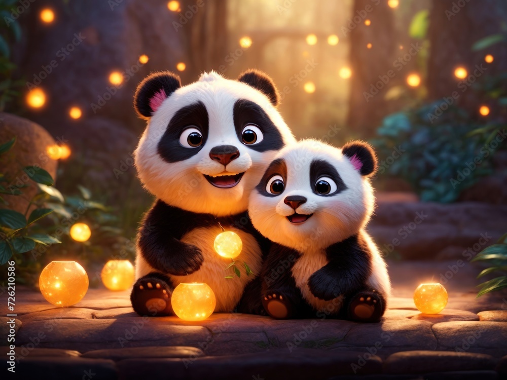 cute two baby panda in between the glowing particles. Generative AI cute two baby panda in between the glowing particles. Generative AI