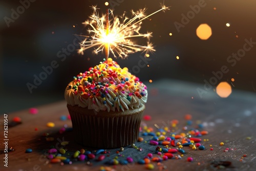 Colorful sprinkle and sparkler adorned cupcake.