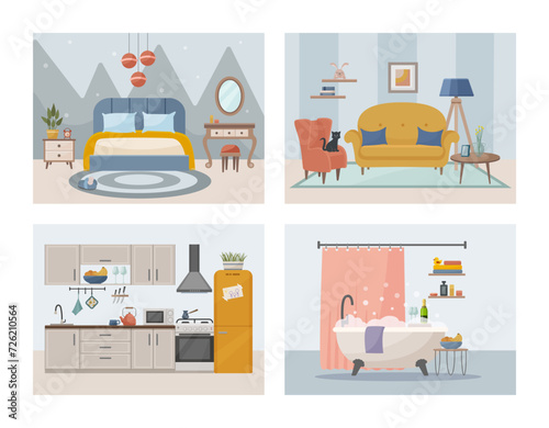 Apartment inside. Set with interiors, bathroom, living room and bedroom. Furnished rooms. Flat vector illustration of rooms with furniture.