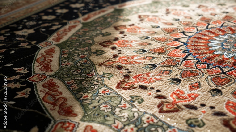 A close-up view of the intricate patterns on the carpets of an Eid Masjid, highlighting the attention to detail in the prayer space.
