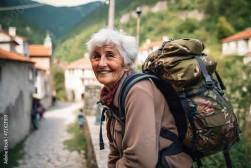 Happy senior woman with backpack hiking in the mountains. Active elderly lifestyle.