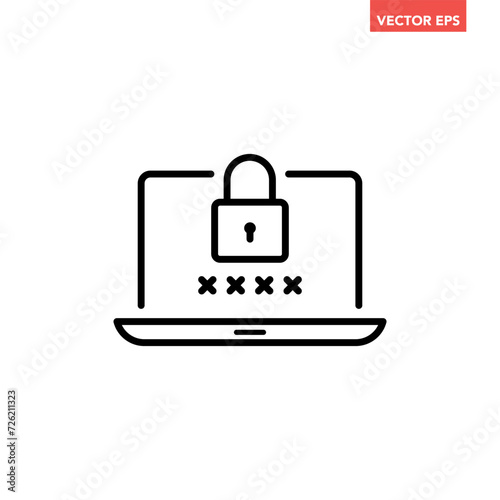 Black single laptop password protection line icon, simple technology digital security flat design pictogram vector for app ads web banner button ui ux interface elements isolated on white background
