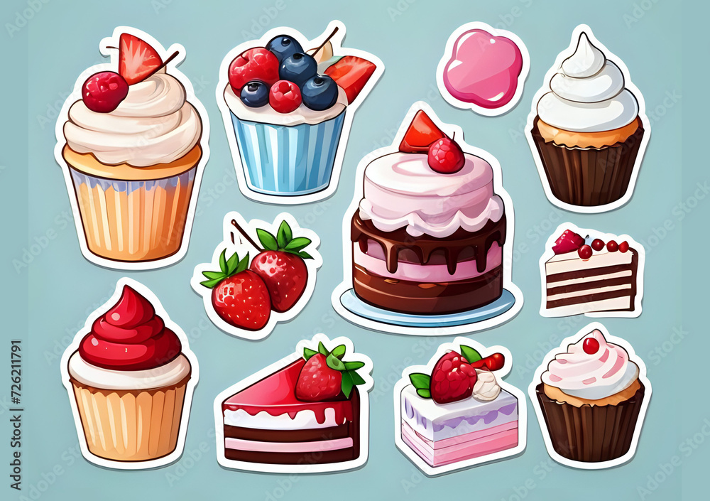 Cute stickers. White borders. Cake food and hdr color. cartoon style Cute stickers. White borders. Cake food and hdr color. cartoon style