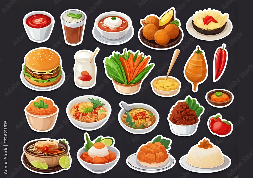 Cute stickers. White borders. Cake food and hdr color. cartoon style Cute stickers. White borders. Cake food and hdr color. cartoon style