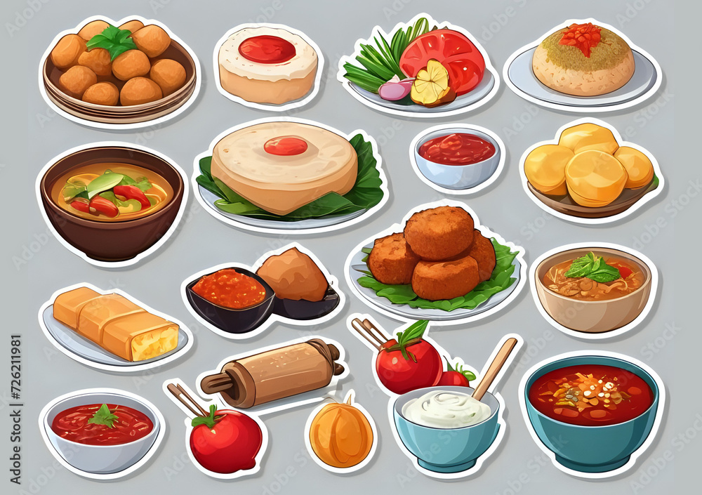 Cute stickers. White borders. Cake food and hdr color. cartoon style Cute stickers. White borders. Cake food and hdr color. cartoon style