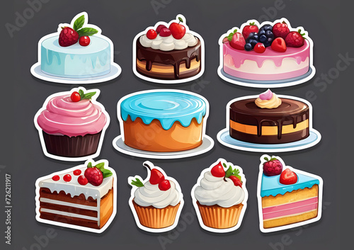 Cute stickers. White borders. Cake  food and hdr color. cartoon style