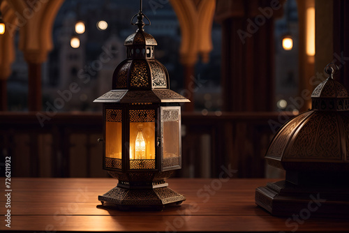 a lantern sitting on top of a wooden table