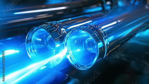 A slowmotion shot of a supercars exhaust pipes with thin yet bright blue flames flickering and dancing with each shift of the gears. photo