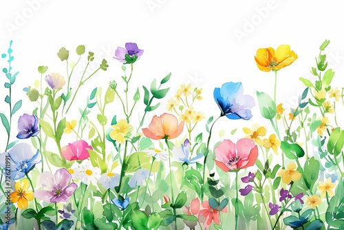 Watercolor illustration of a abstract spring flowers border. AI generative