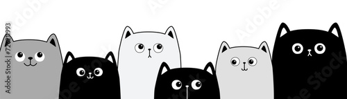 Black white gray cat face head set. Line banner. Cats kittens family. Cute cartoon funny character. Contour doodle. Pet baby collection. Love card. Sticker print. Flat design. White background