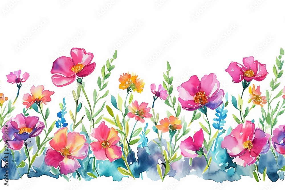 Watercolor illustration of a abstract spring flowers border. AI generative